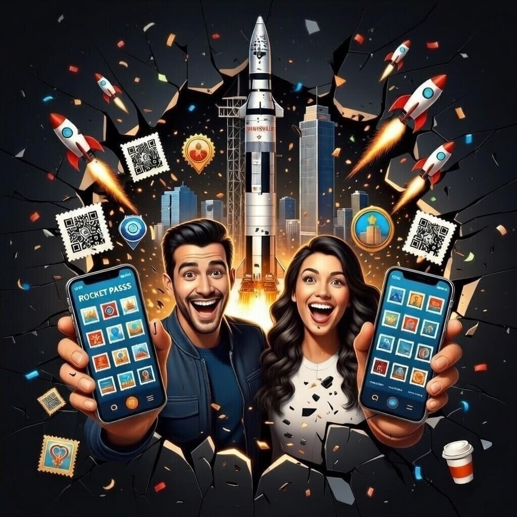 Excited couple holding phones with Rocket Pass app, surrounded by rockets, QR codes, and Huntsville landmarks