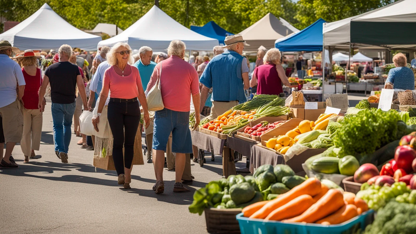 Shoppers with tote bags walking between white canopy tents at an outdoor market, with crates of carrots, squash, greens and apples in the foreground. AI-generated scene.