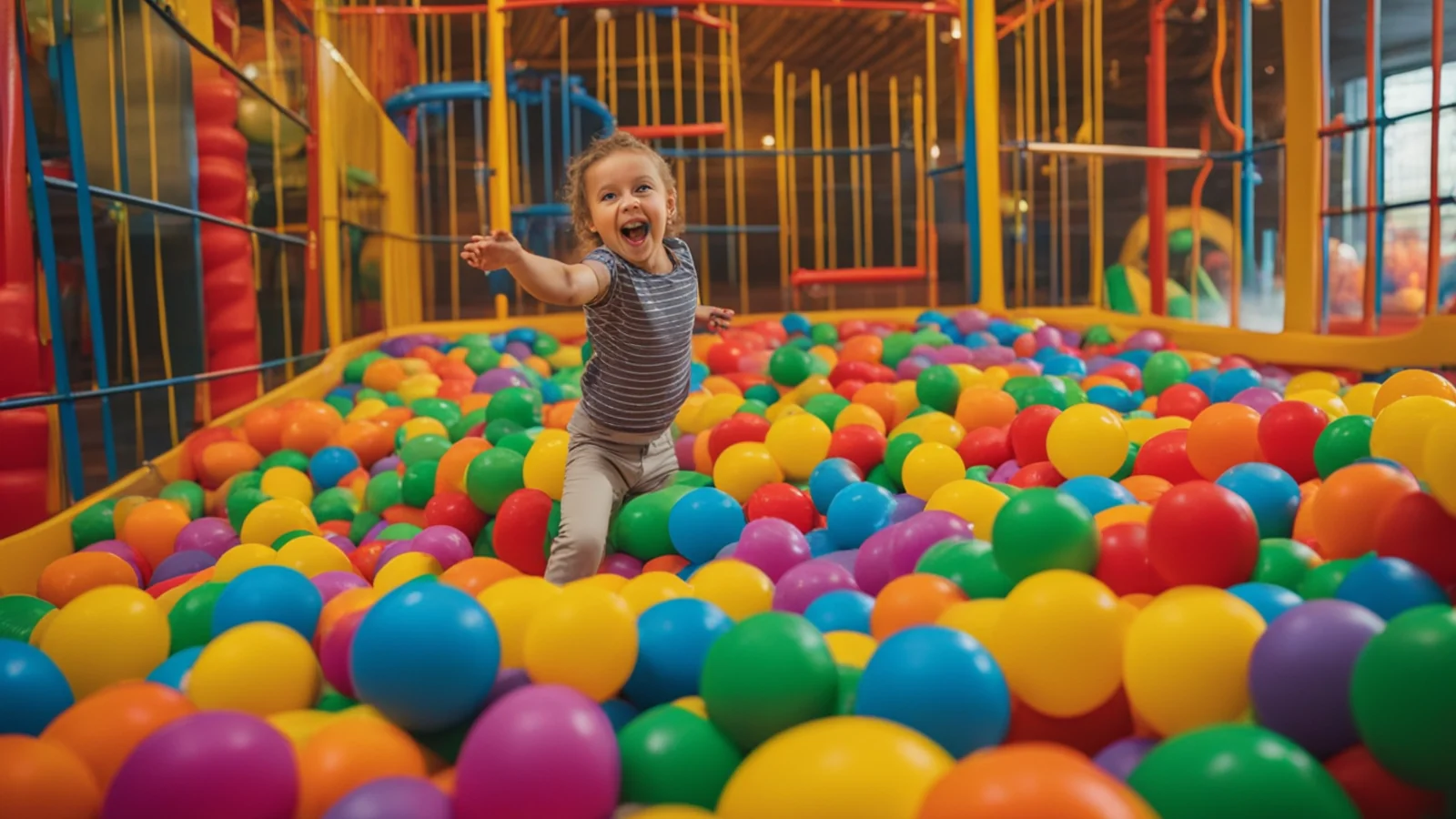 A laughing child wading through a pit of red, yellow, green, blue and orange balls inside an indoor play structure. AI-generated scene.