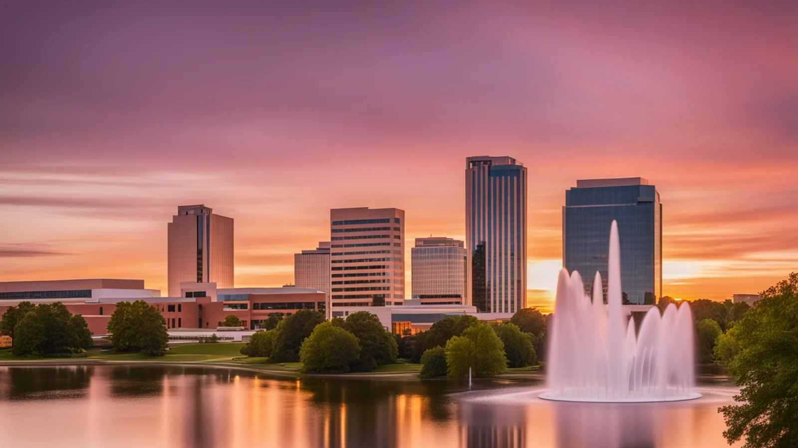 Office towers at sunset over a lake with a tall fountain jet and a pink and orange sky. AI-generated scene.